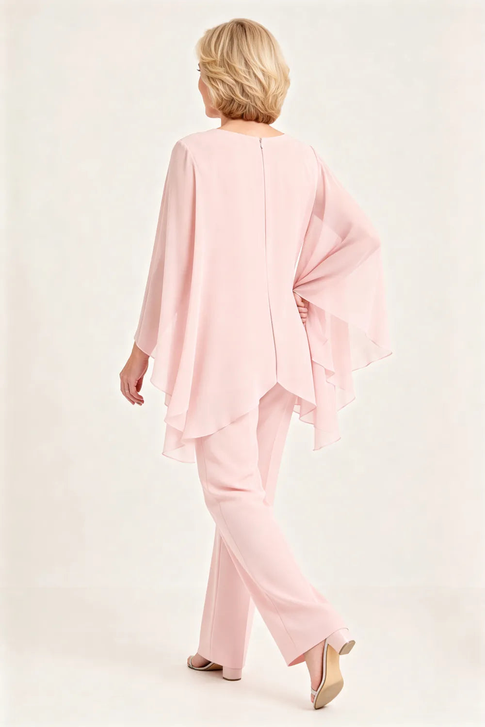 Draped Cape Sleeve Beaded Formal Pant Suit