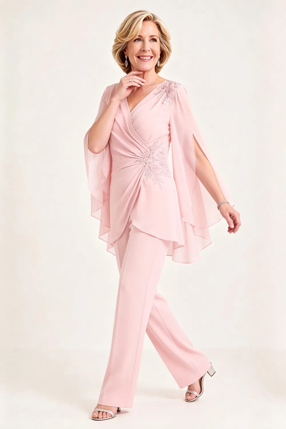 Draped Cape Sleeve Beaded Formal Pant Suit