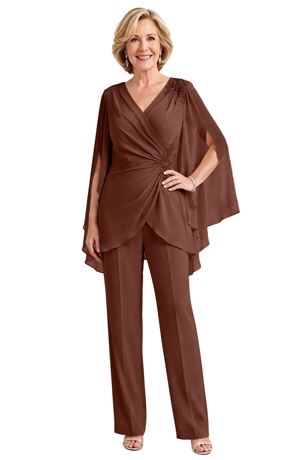 Draped Cape Sleeve Beaded Formal Pant Suit