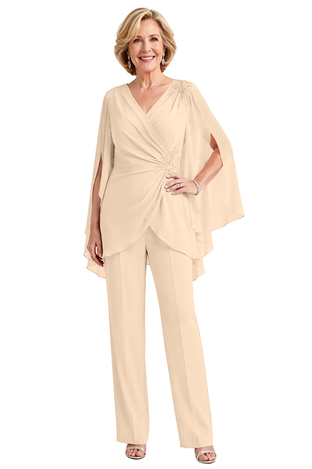 Draped Cape Sleeve Beaded Formal Pant Suit