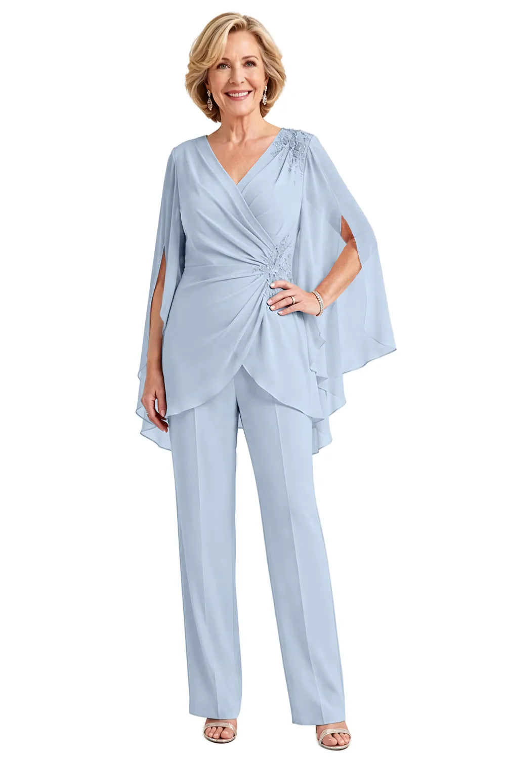Draped Cape Sleeve Beaded Formal Pant Suit
