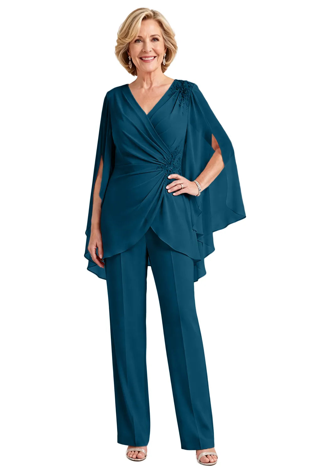 Draped Cape Sleeve Beaded Formal Pant Suit