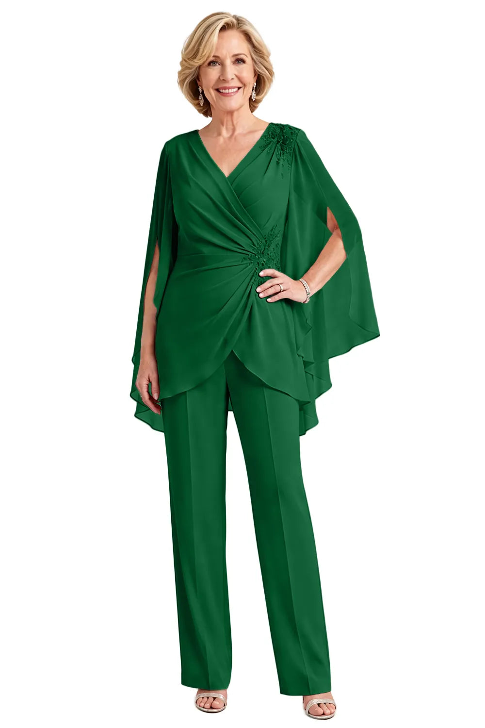 Draped Cape Sleeve Beaded Formal Pant Suit