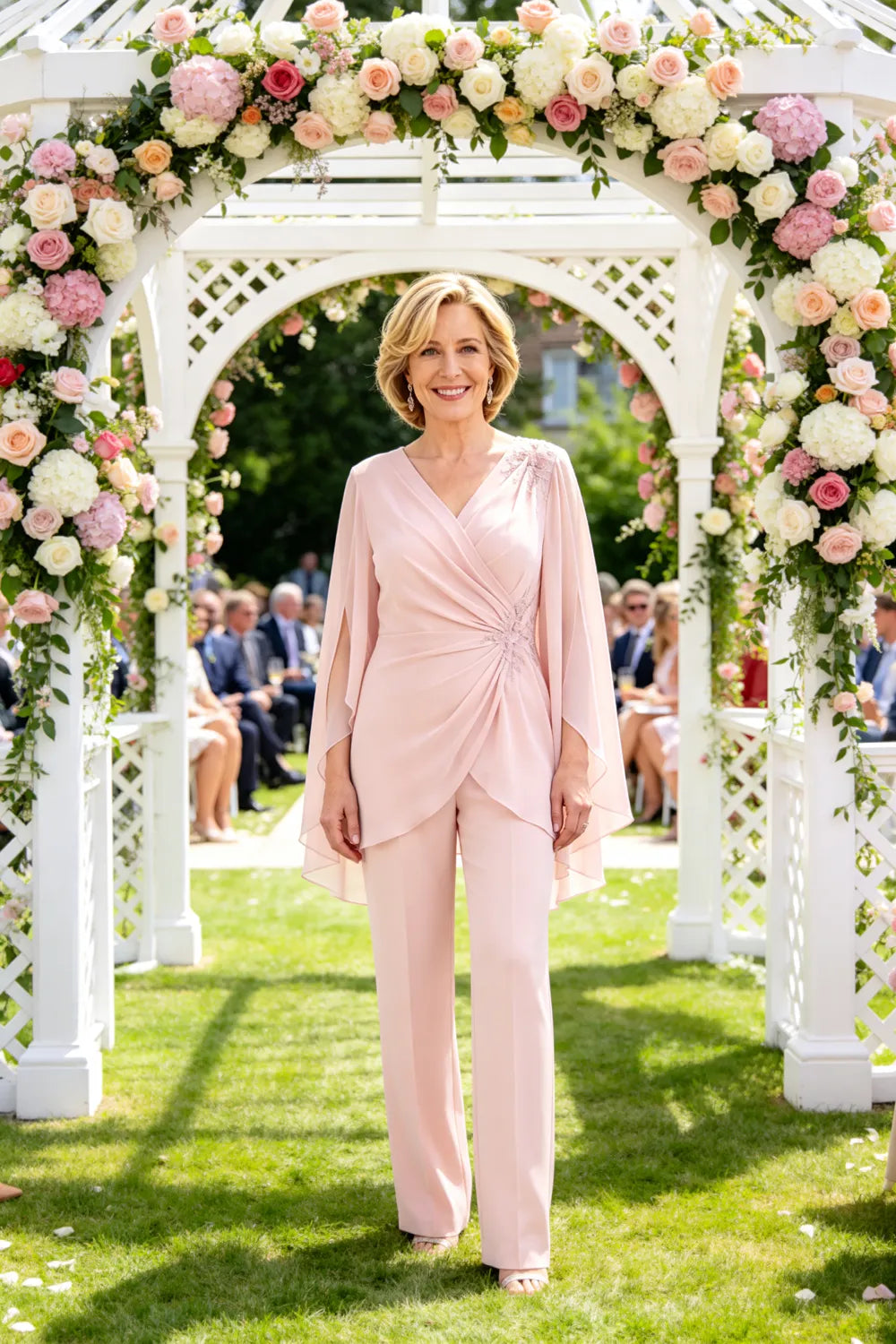 Draped Cape Sleeve Beaded Formal Pant Suit
