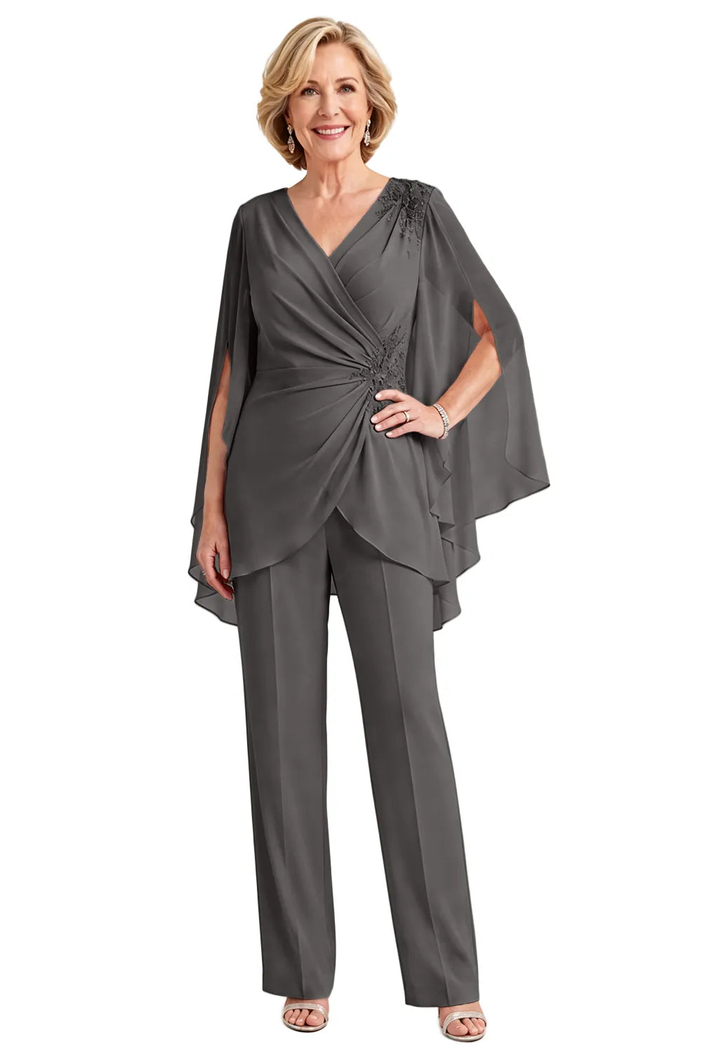 Draped Cape Sleeve Beaded Formal Pant Suit
