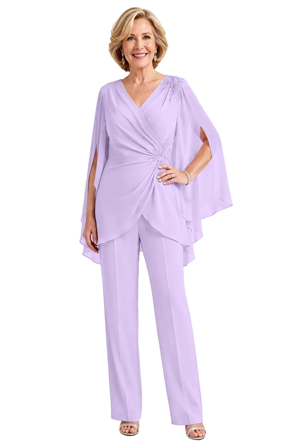 Draped Cape Sleeve Beaded Formal Pant Suit