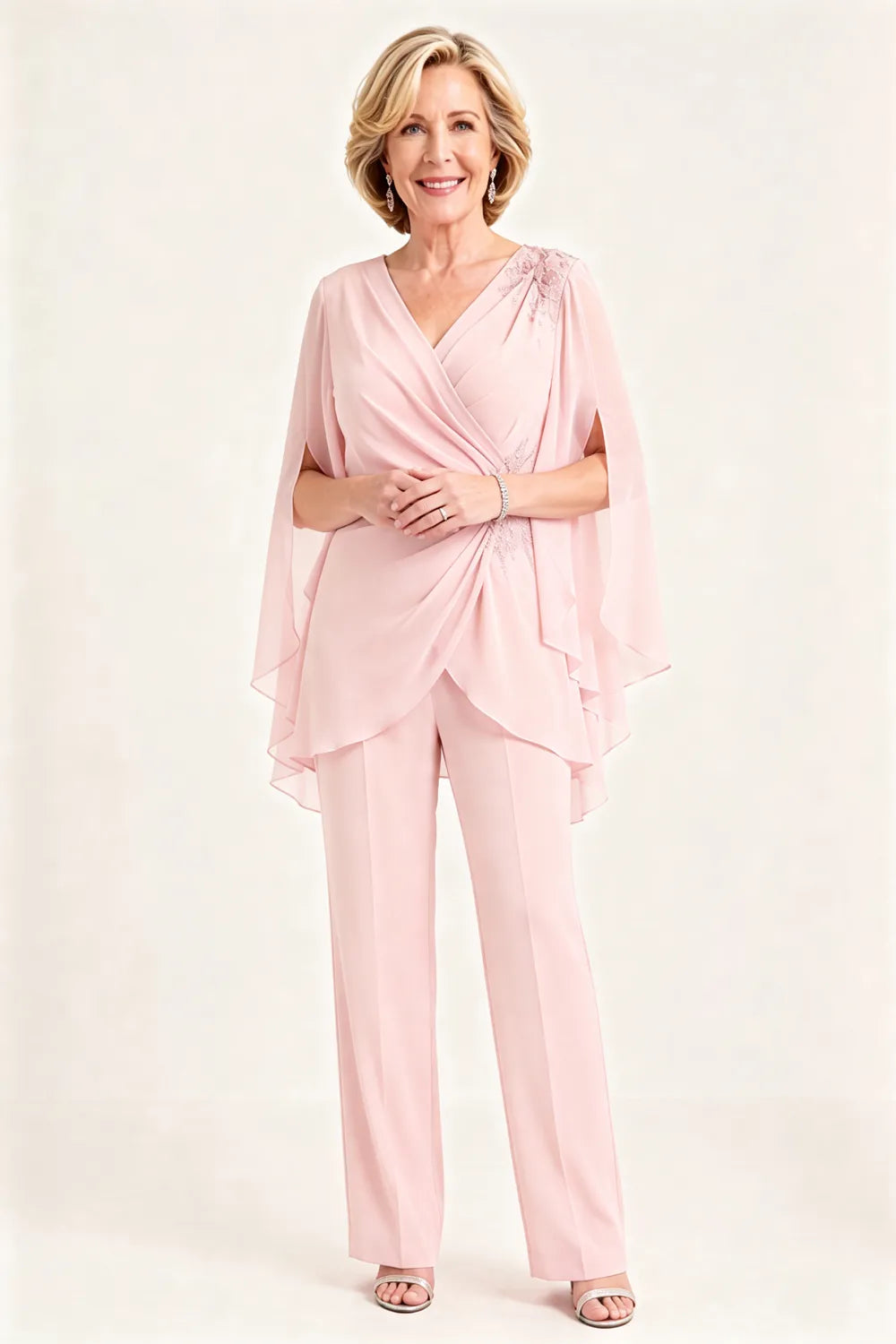 Draped Cape Sleeve Beaded Formal Pant Suit