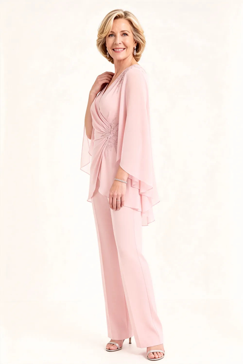 Draped Cape Sleeve Beaded Formal Pant Suit