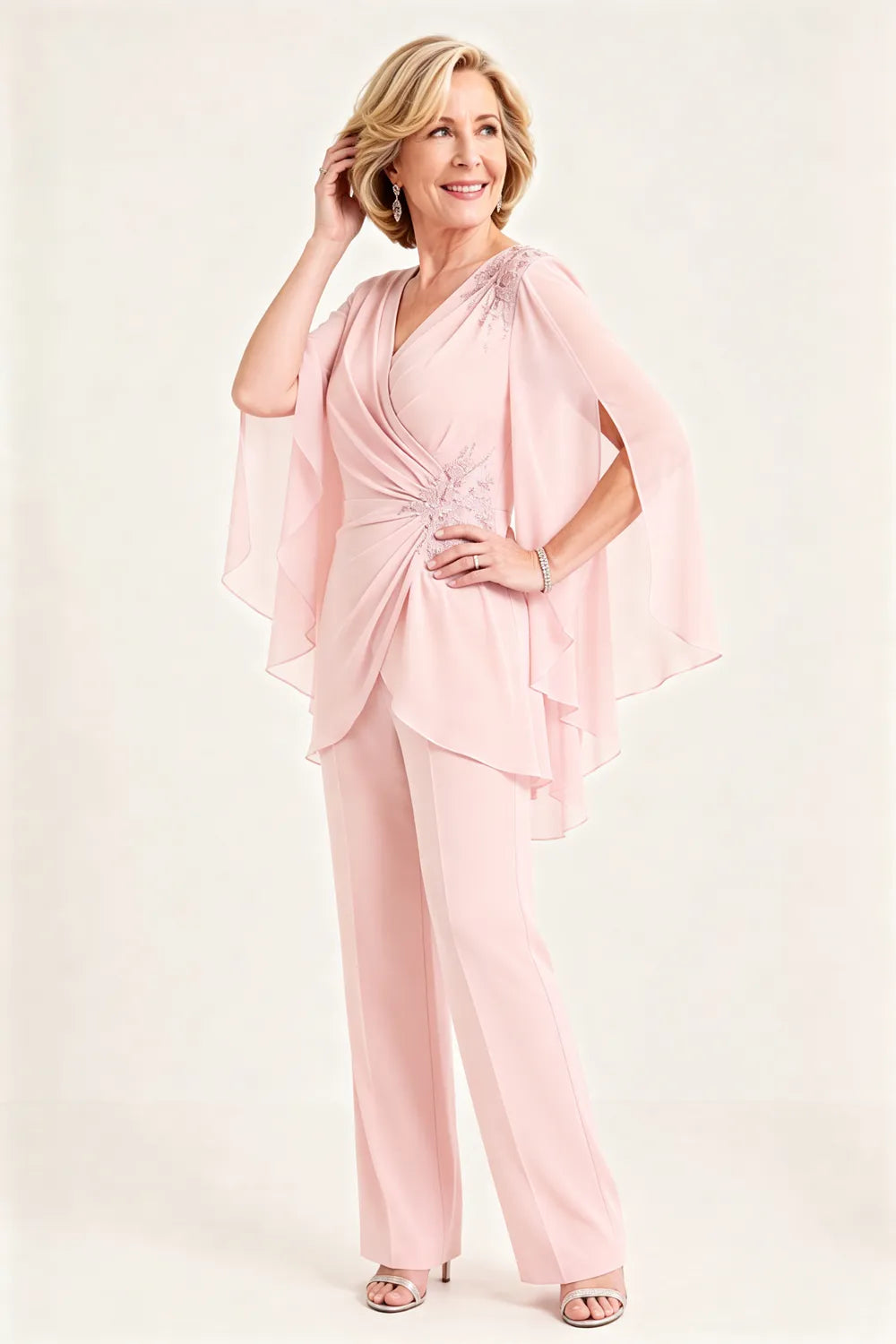Draped Cape Sleeve Beaded Formal Pant Suit