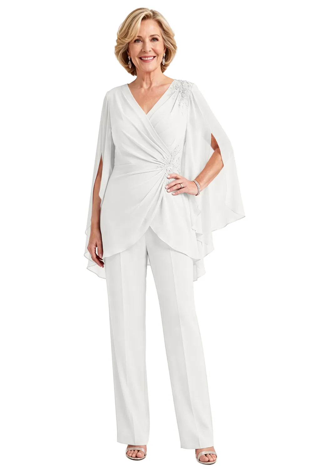 Draped Cape Sleeve Beaded Formal Pant Suit