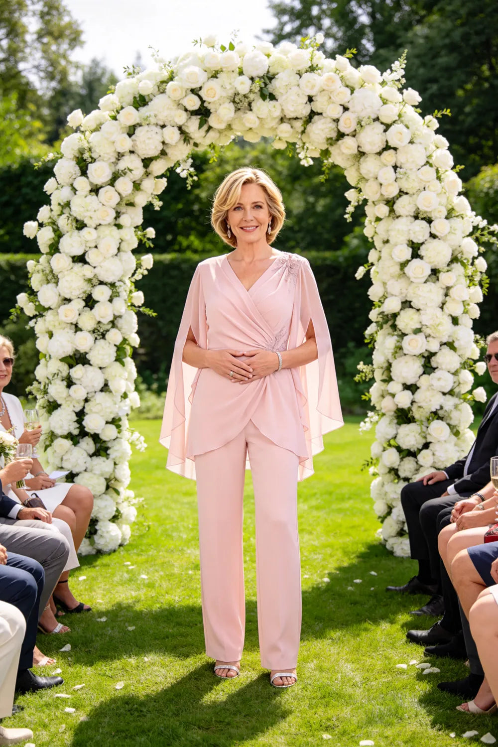 Draped Cape Sleeve Beaded Formal Pant Suit