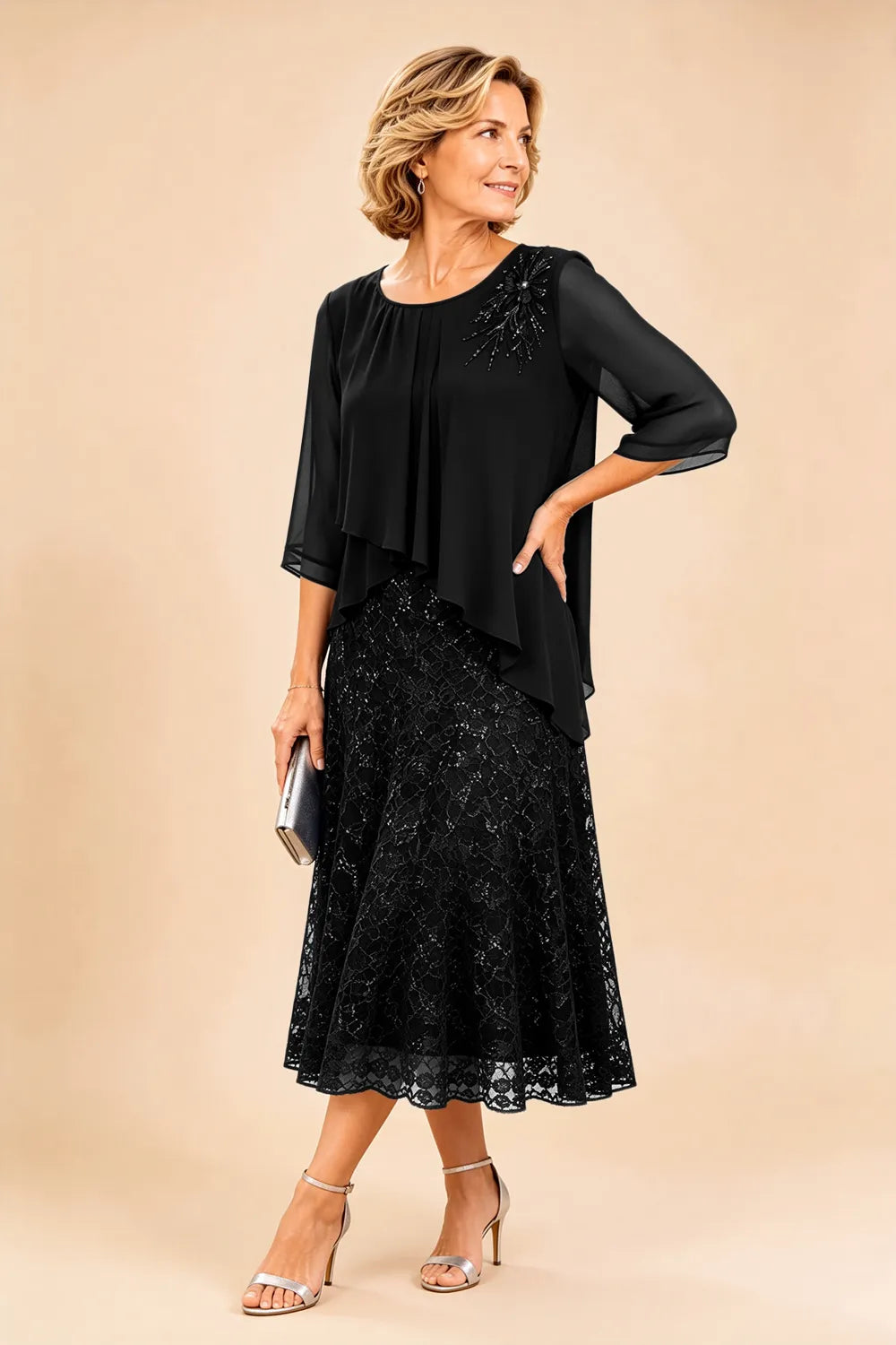 Lace Overlay Chiffon Mother of the Bride Dress
