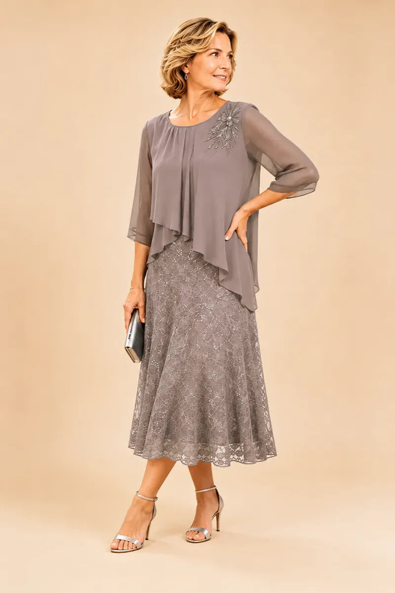 Lace Overlay Chiffon Mother of the Bride Dress