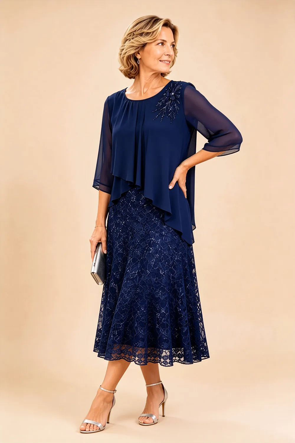 Lace Overlay Chiffon Mother of the Bride Dress