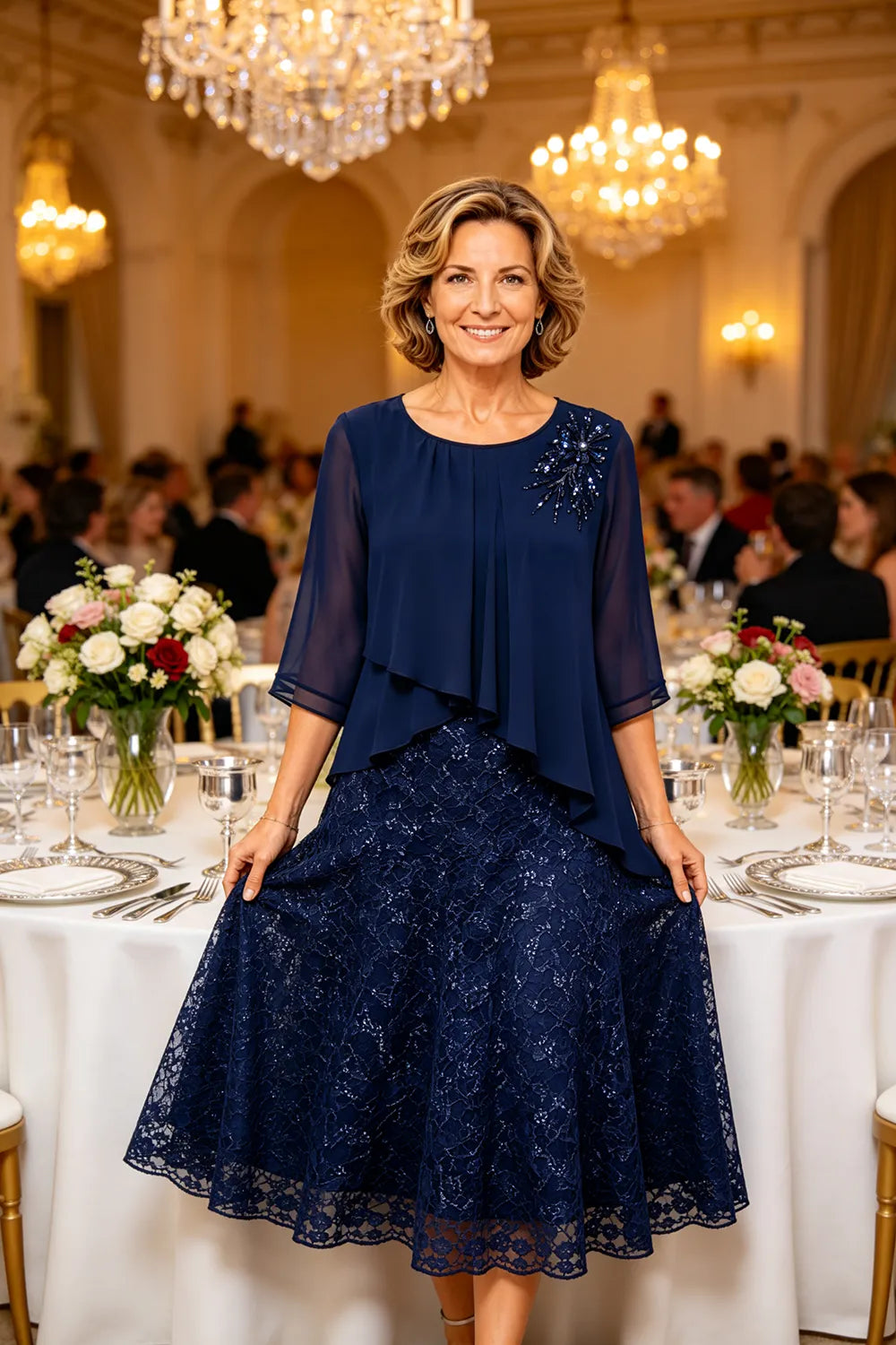 Lace Overlay Chiffon Mother of the Bride Dress