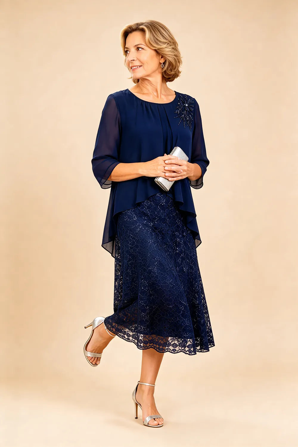 Lace Overlay Chiffon Mother of the Bride Dress