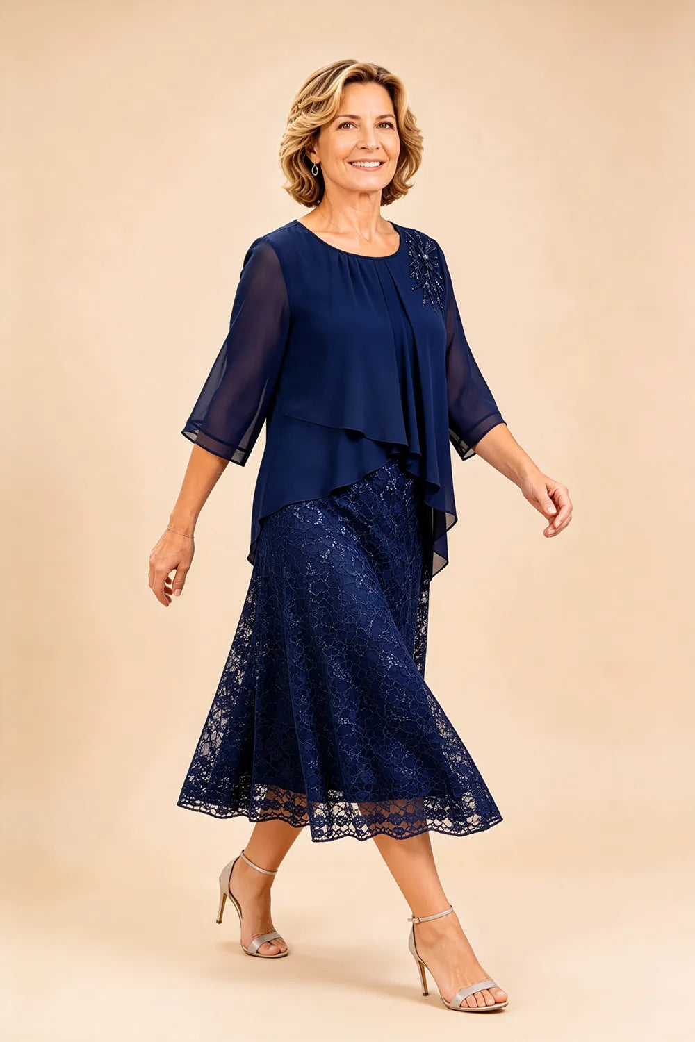 Lace Overlay Chiffon Mother of the Bride Dress