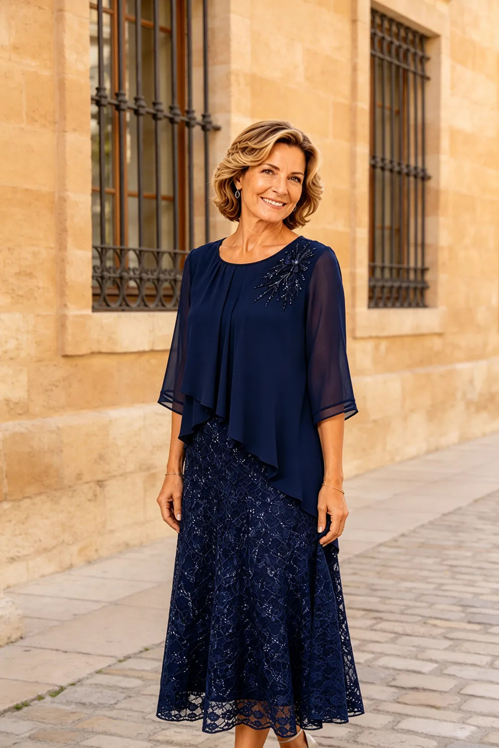 Lace Overlay Chiffon Mother of the Bride Dress