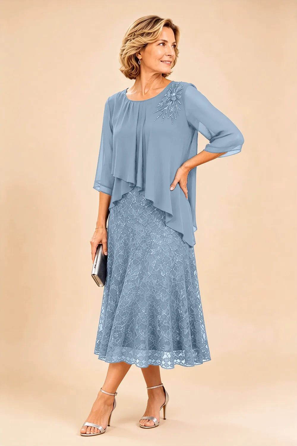 Lace Overlay Chiffon Mother of the Bride Dress