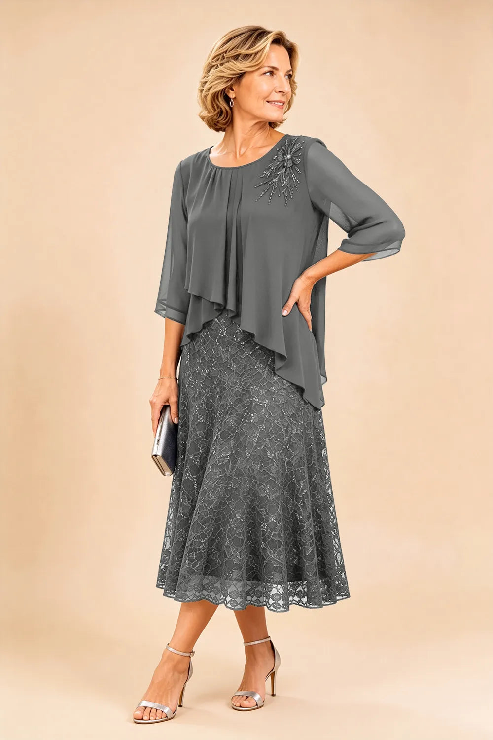 Lace Overlay Chiffon Mother of the Bride Dress