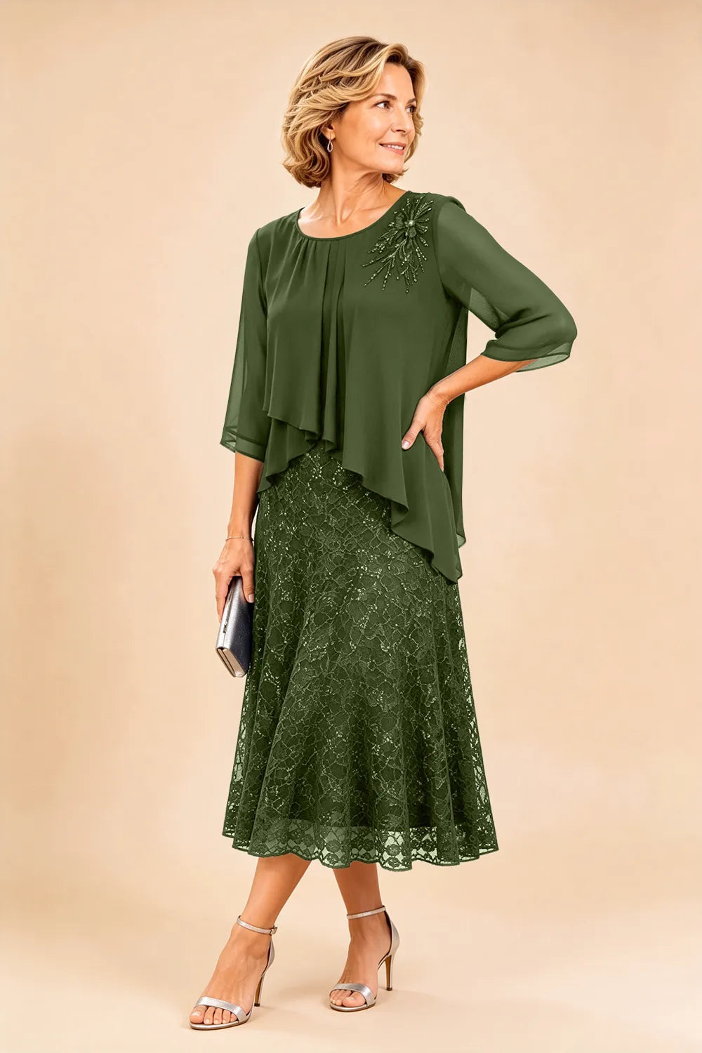 Lace Overlay Chiffon Mother of the Bride Dress