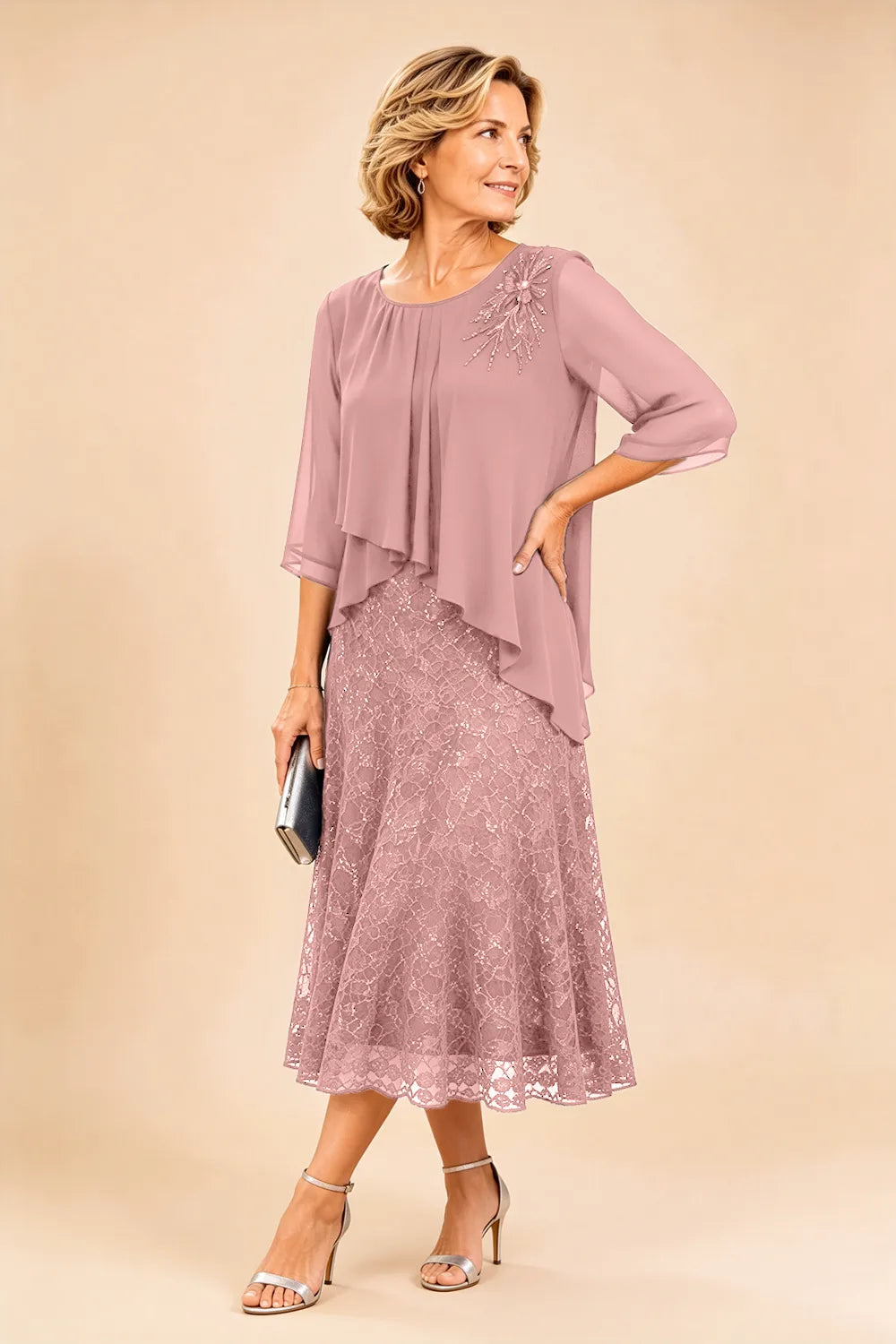 Lace Overlay Chiffon Mother of the Bride Dress
