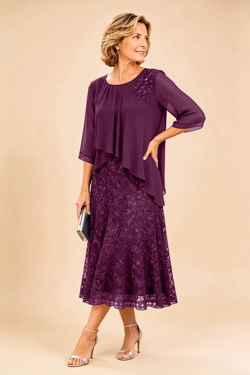 Lace Overlay Chiffon Mother of the Bride Dress