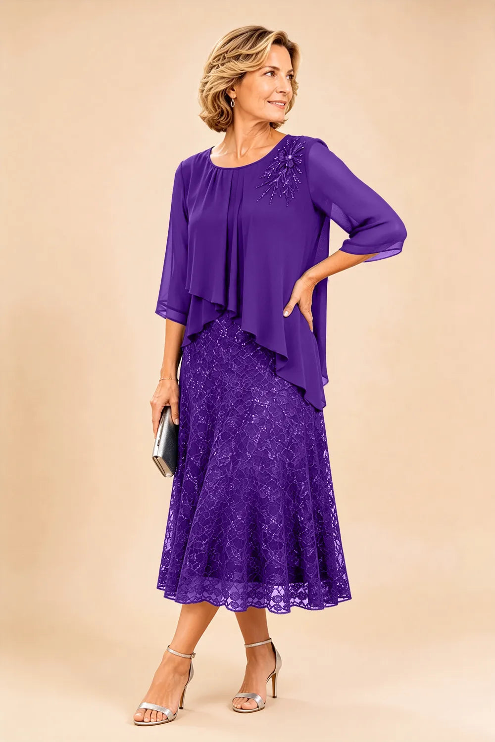 Lace Overlay Chiffon Mother of the Bride Dress