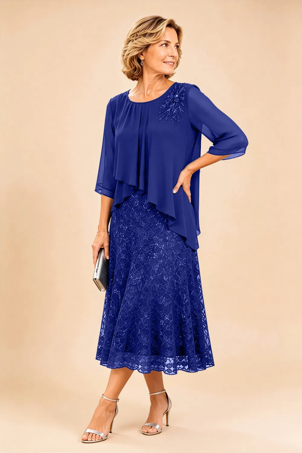 Lace Overlay Chiffon Mother of the Bride Dress