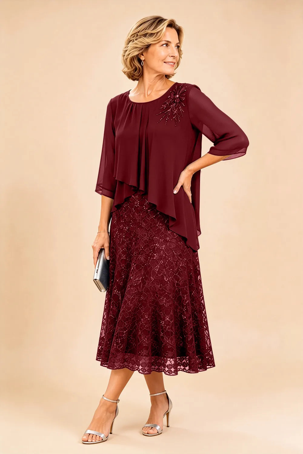 Lace Overlay Chiffon Mother of the Bride Dress