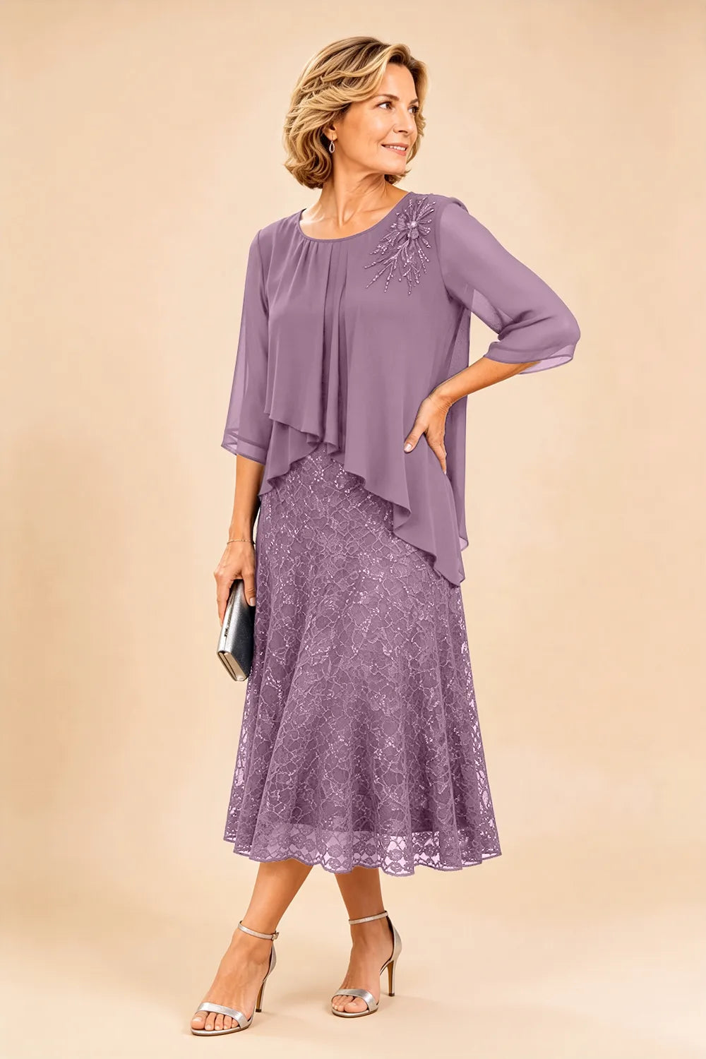 Lace Overlay Chiffon Mother of the Bride Dress