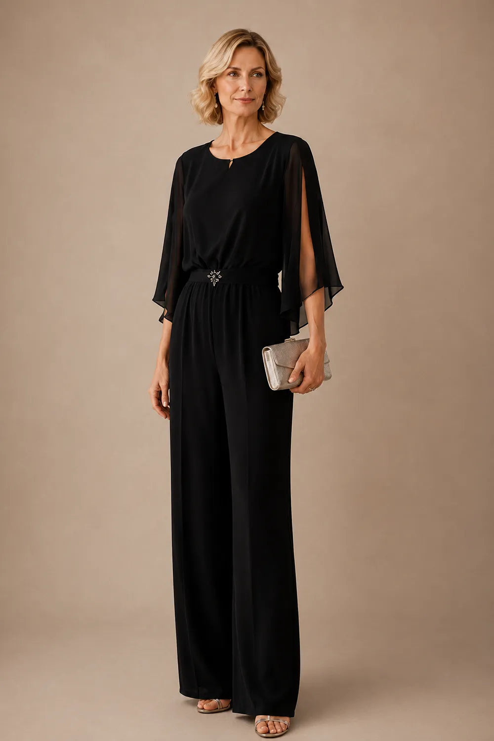 Elegant Chiffon Cape Pant Suit