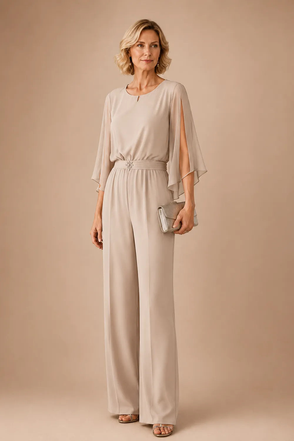 Elegant Chiffon Cape Pant Suit
