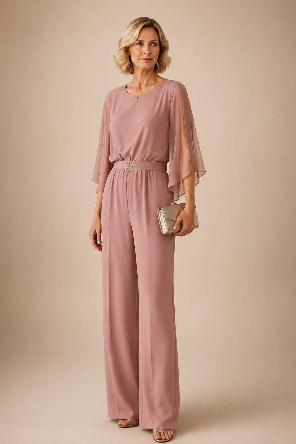 Elegant Chiffon Cape Pant Suit