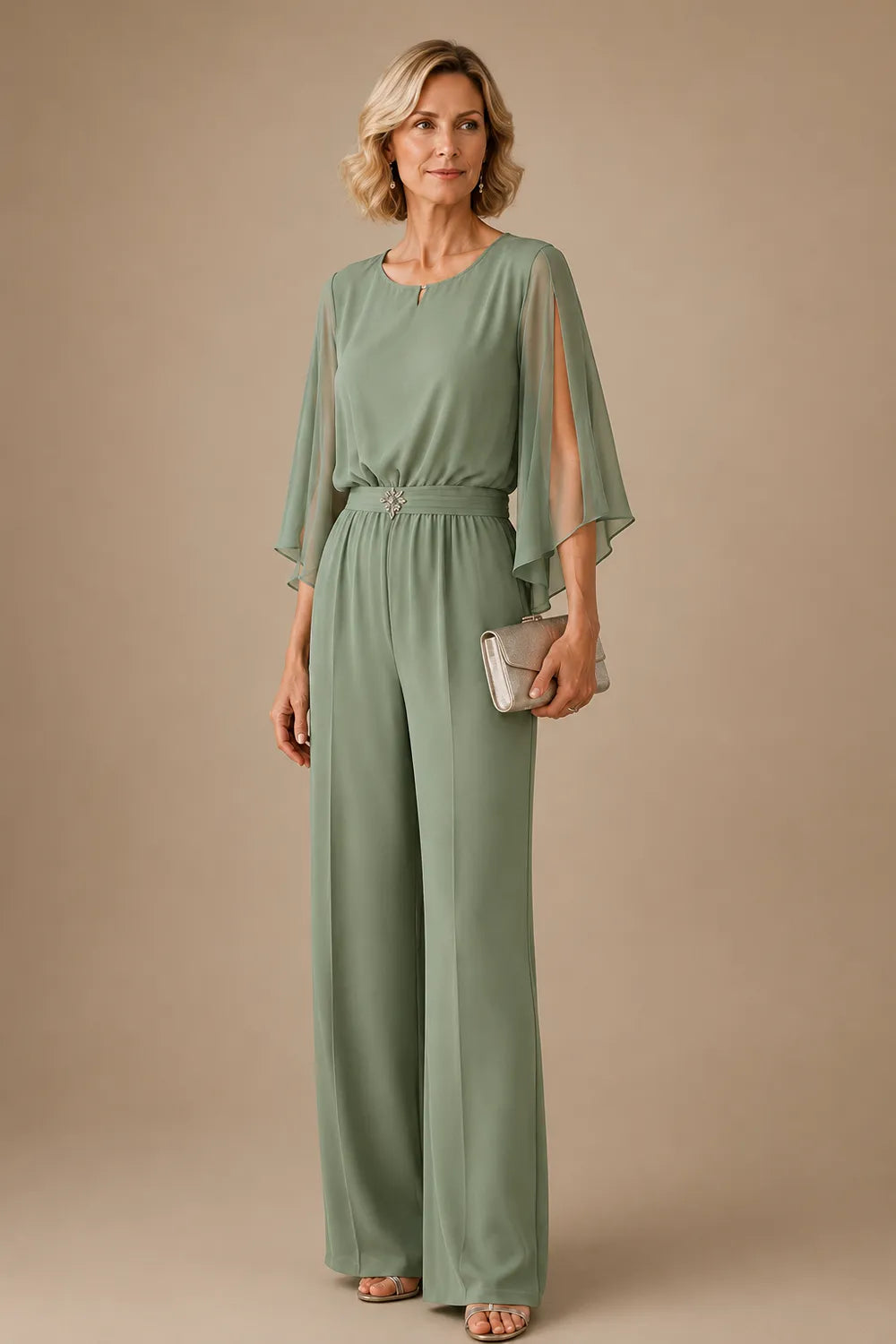 Elegant Chiffon Cape Pant Suit