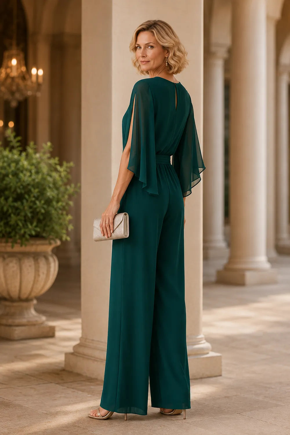 Elegant Chiffon Cape Pant Suit