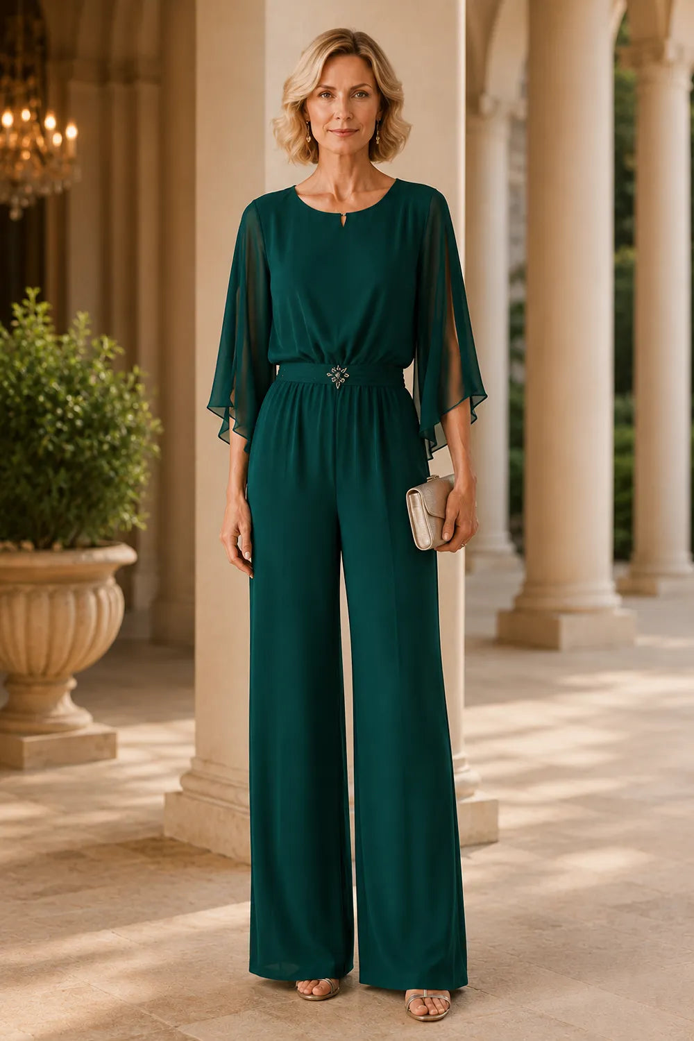 Elegant Chiffon Cape Pant Suit