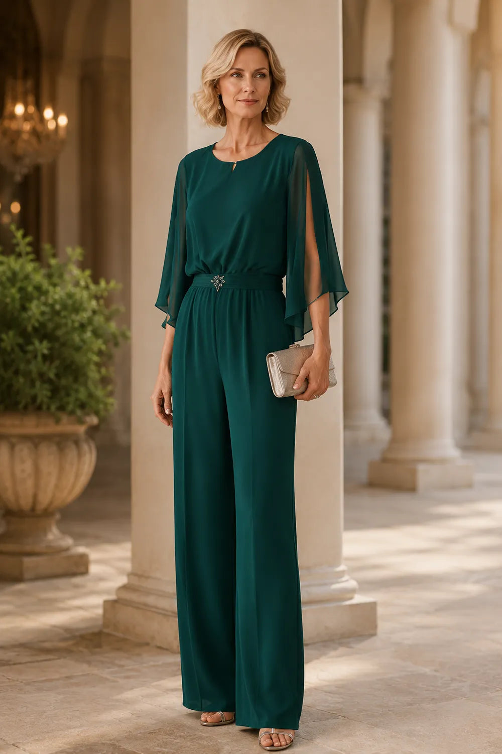 Elegant Chiffon Cape Pant Suit
