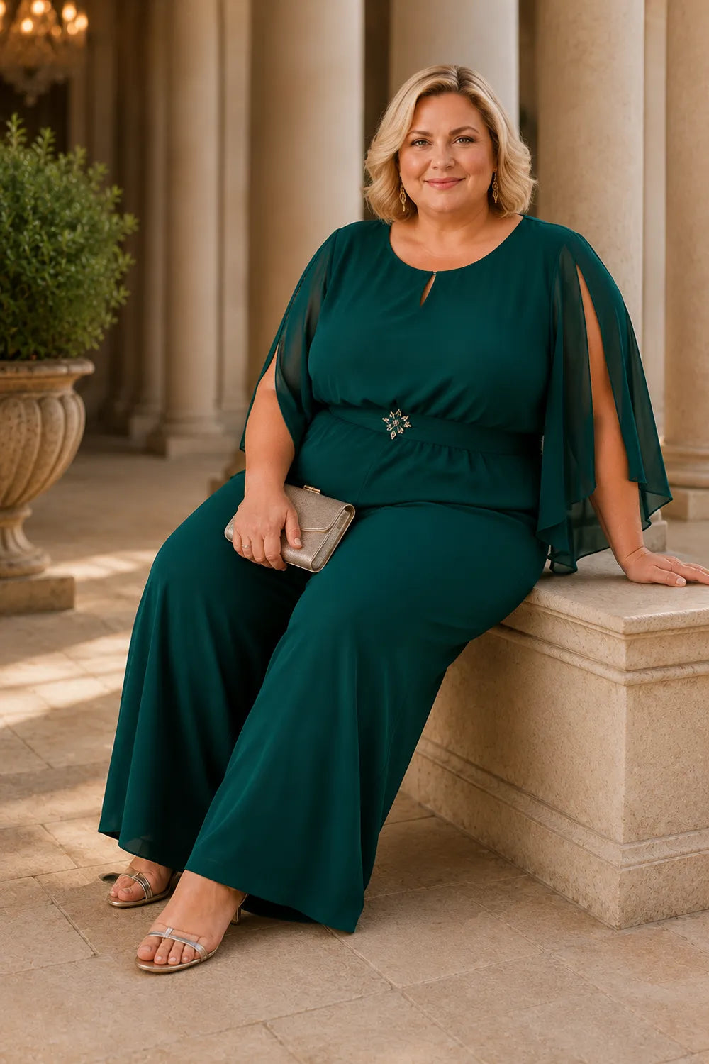 Elegant Chiffon Cape Pant Suit