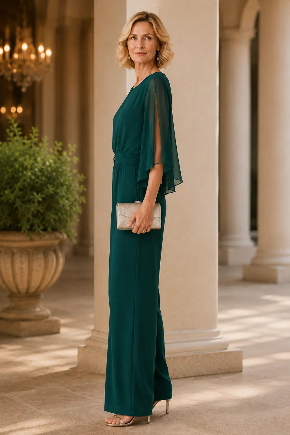 Elegant Chiffon Cape Pant Suit