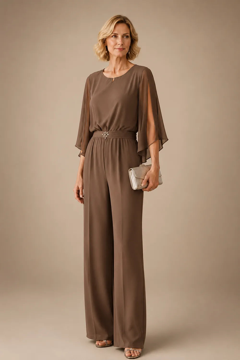 Elegant Chiffon Cape Pant Suit