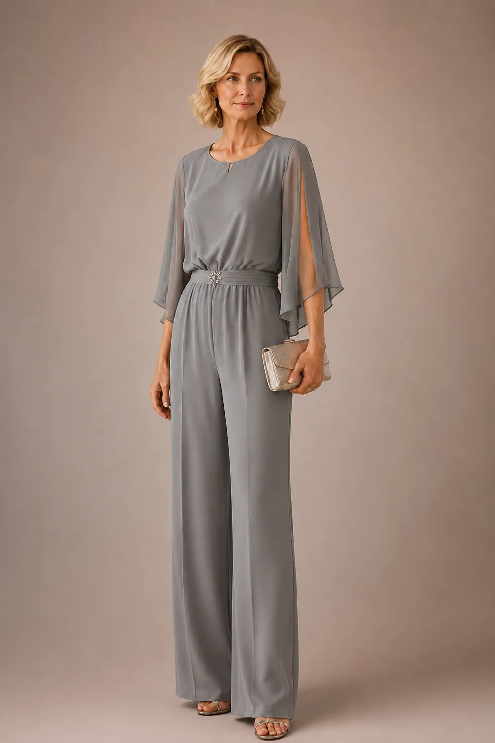 Elegant Chiffon Cape Pant Suit