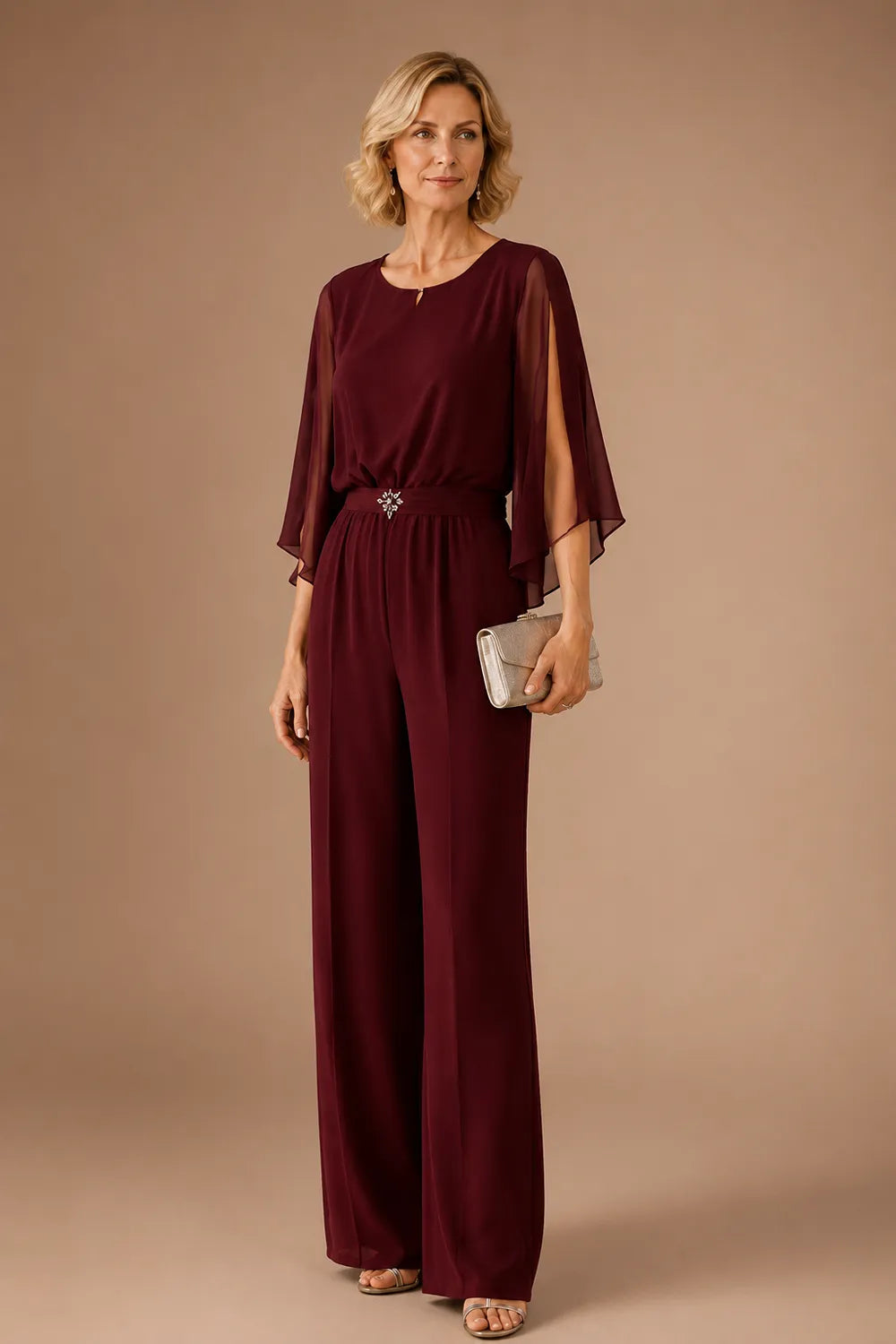 Elegant Chiffon Cape Pant Suit
