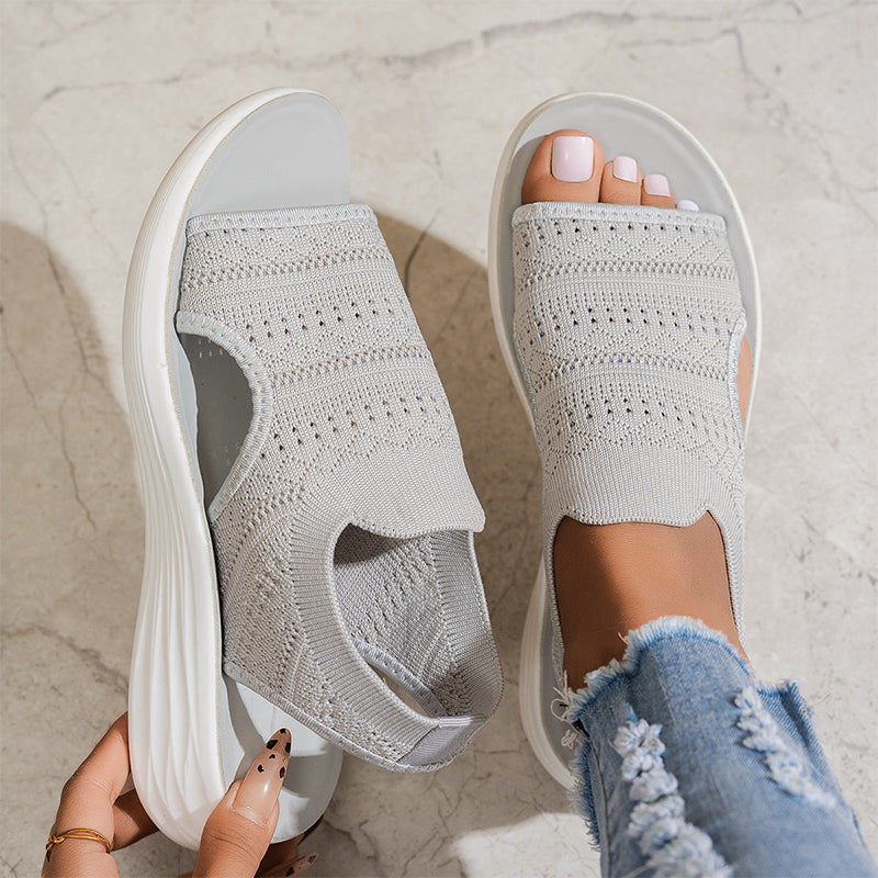 Zina breathable knit platform sandals by THE WHITMORE FAMILY, featuring a stylish open-toe design and comfortable chunky heel.