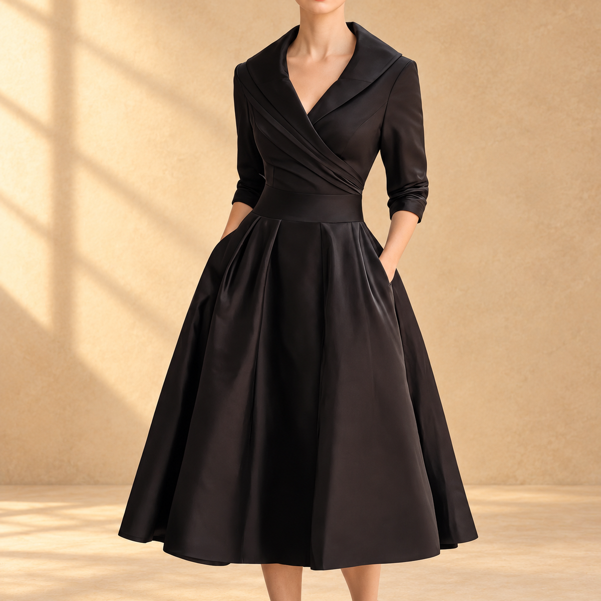Teresa | Shawl-collar midi dress with full A-line skirt