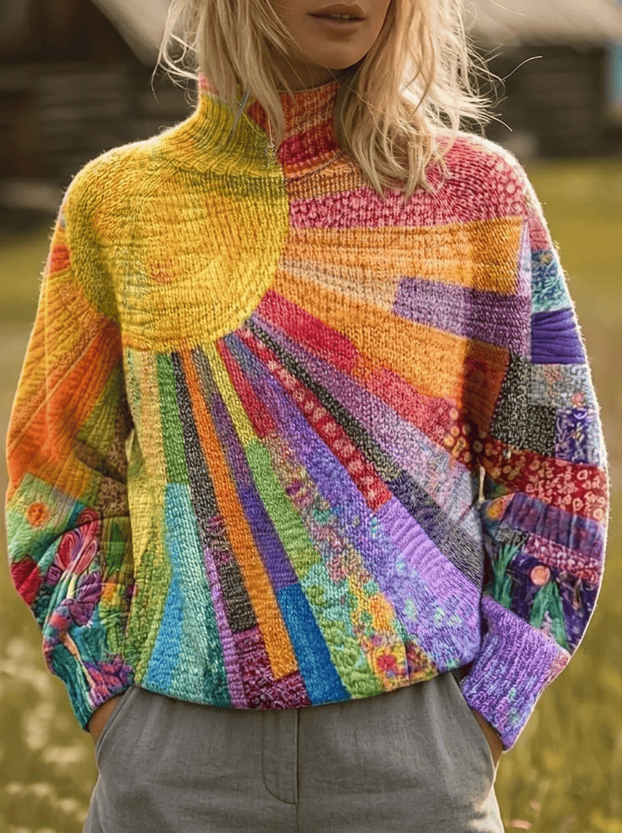 The Juno Sunburst Turtleneck sweater by THE WHITMORE FAMILY, featuring a vibrant sunburst pattern in warm colors.