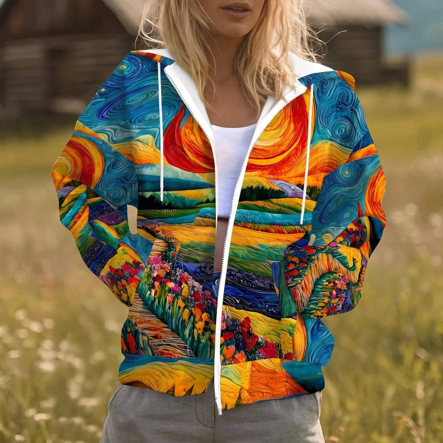 Sunburst zip hoodie from THE WHITMORE FAMILY's The Liv collection, featuring a vibrant sunburst design and front zipper.