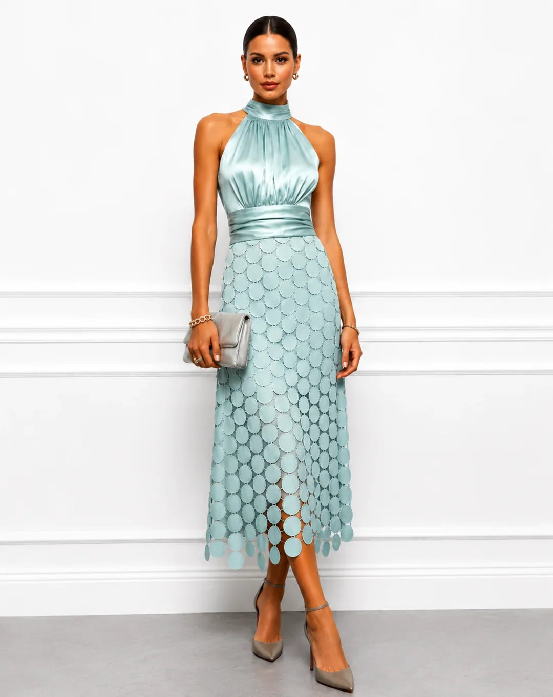 IRÈNE midi dress by THE WHITMORE FAMILY, featuring a flowy fabric, fitted waist, and elegant design perfect for stylish occasions.