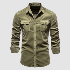 Army green Harry™ Premium Corduroy Shirt by THE WHITMORE FAMILY, shown with button-down front and soft textured fabric.