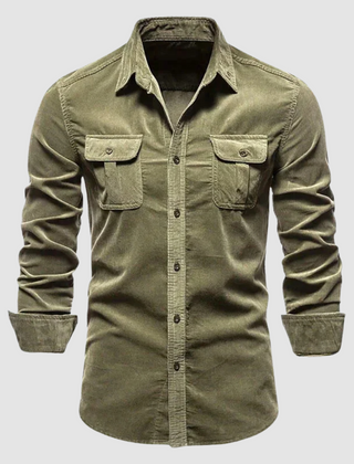 Army green Harry™ Premium Corduroy Shirt by THE WHITMORE FAMILY, shown with button-down front and soft textured fabric.